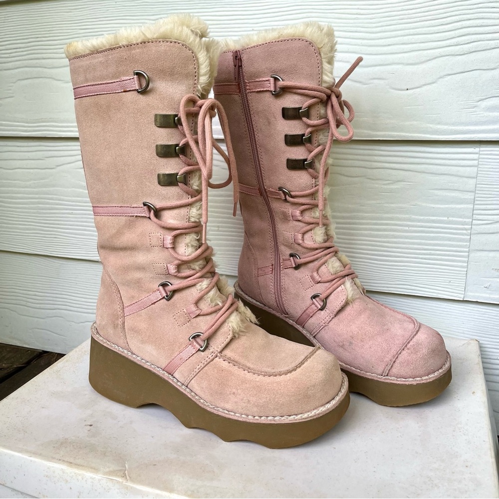 Bakers Pink Faux-Fur Lace-Up Platform Boots
